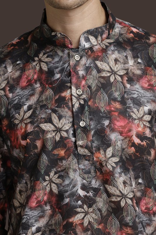 Black Leafy Cotton Digital Print Mandarin Collar Regular Fit Kurta