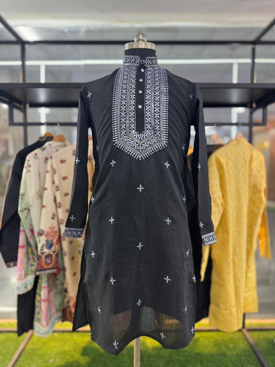 Blackberry Neck work Sequin Embroidery Mandarin Collar Regular Fit Kurta