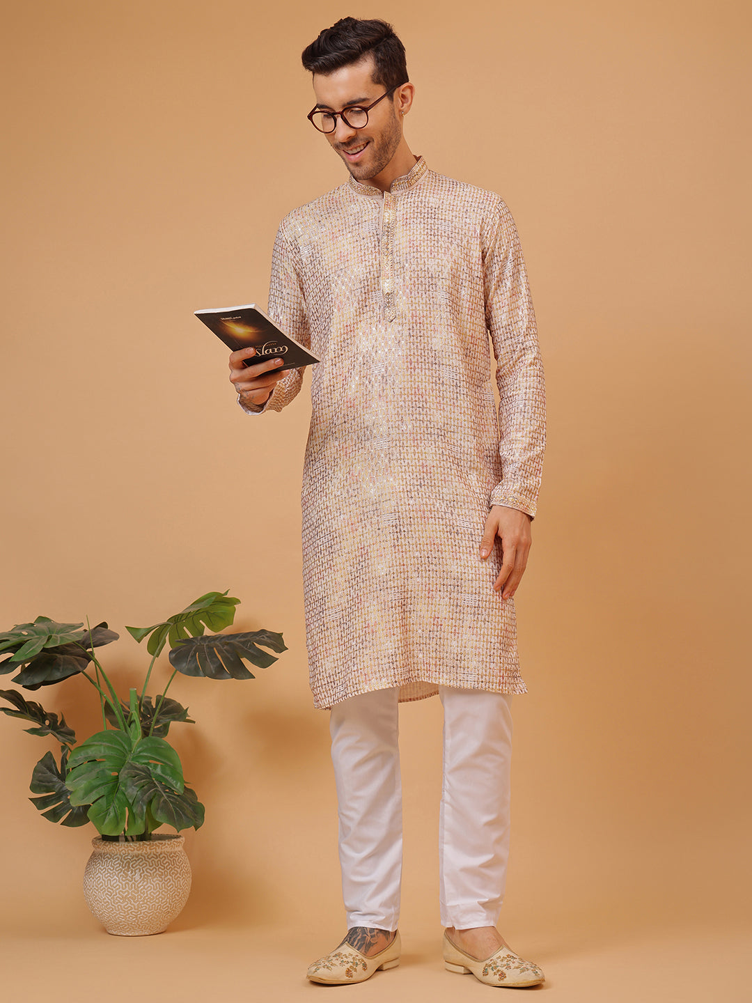 Diamond White Cotton Multi Color Block Print Mandarin Collar Regular Fit Kurta
