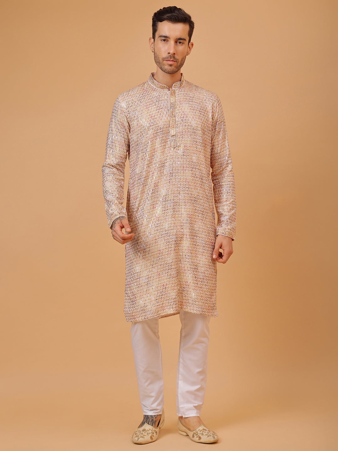 Diamond White Cotton Multi Color Block Print Mandarin Collar Regular Fit Kurta