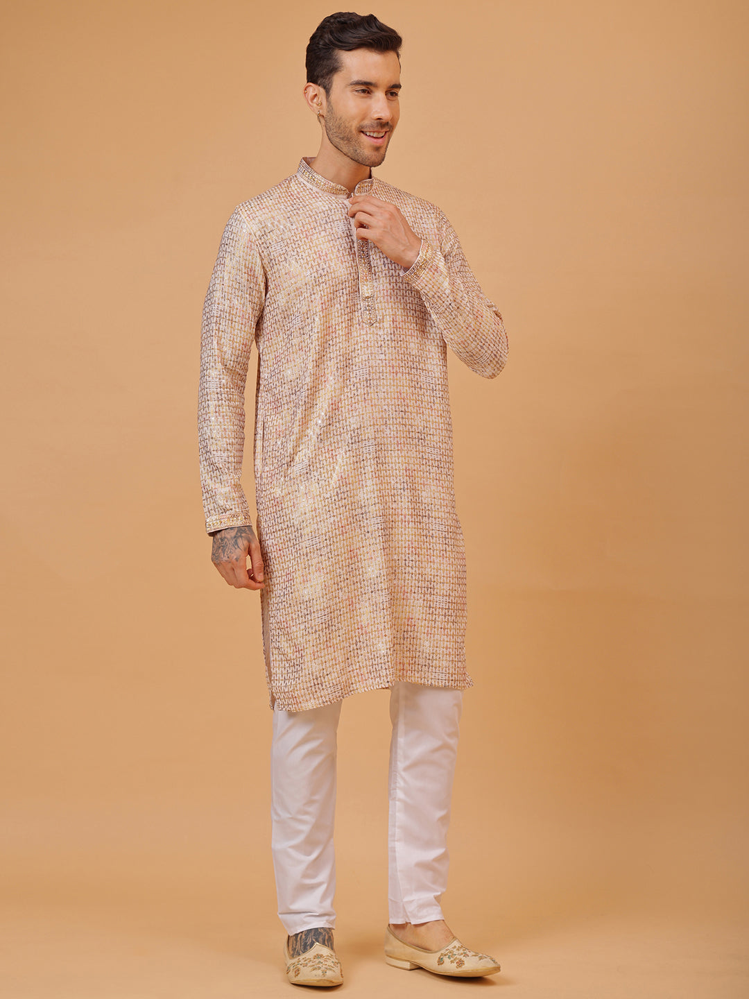 Diamond White Cotton Multi Color Block Print Mandarin Collar Regular Fit Kurta