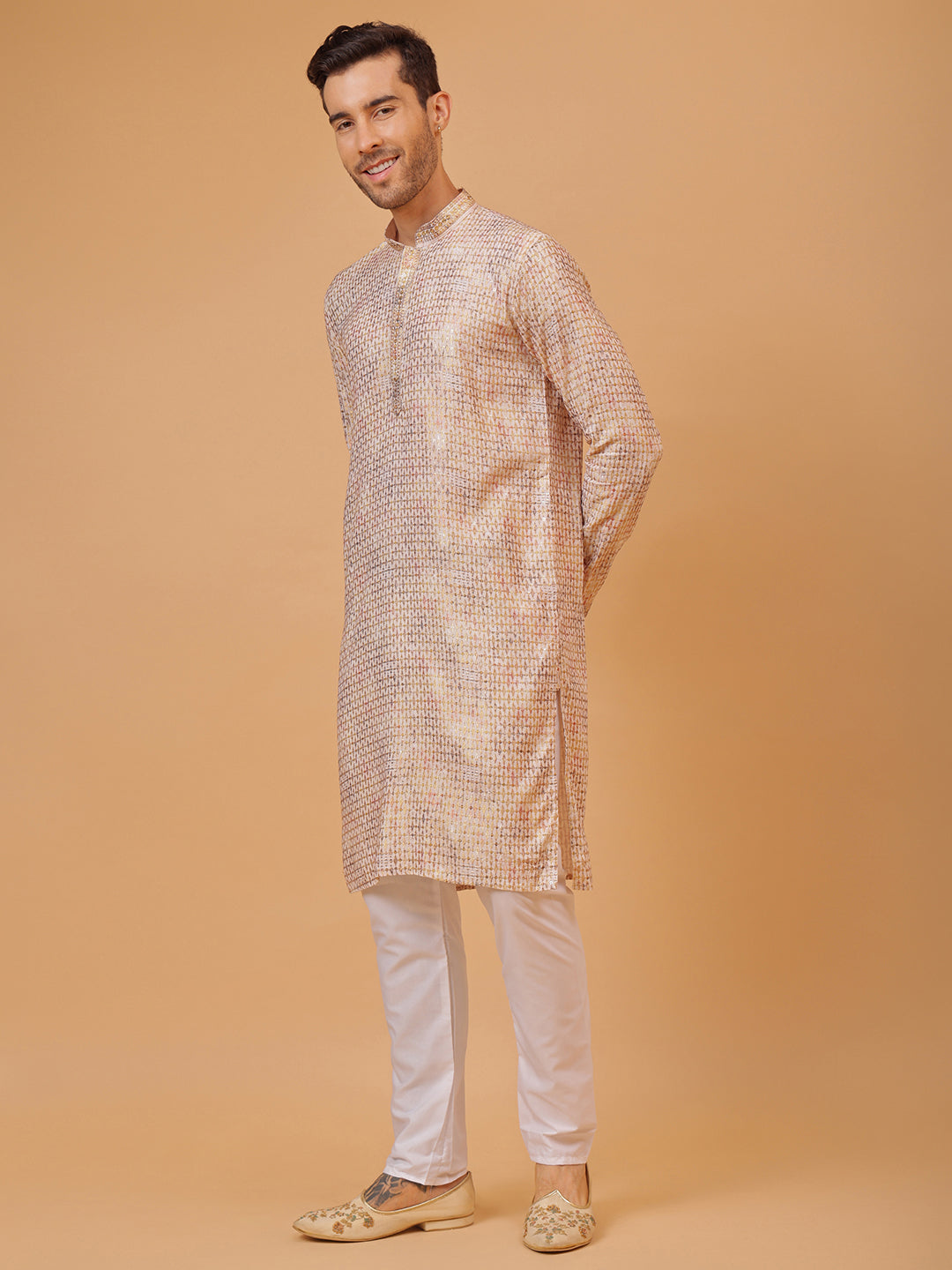 Diamond White Cotton Multi Color Block Print Mandarin Collar Regular Fit Kurta