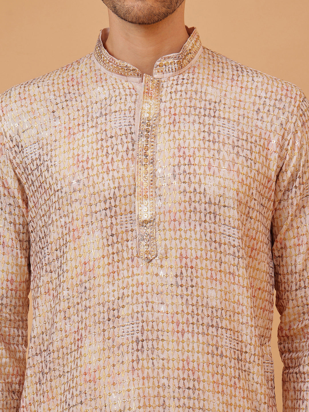 Diamond White Cotton Multi Color Block Print Mandarin Collar Regular Fit Kurta