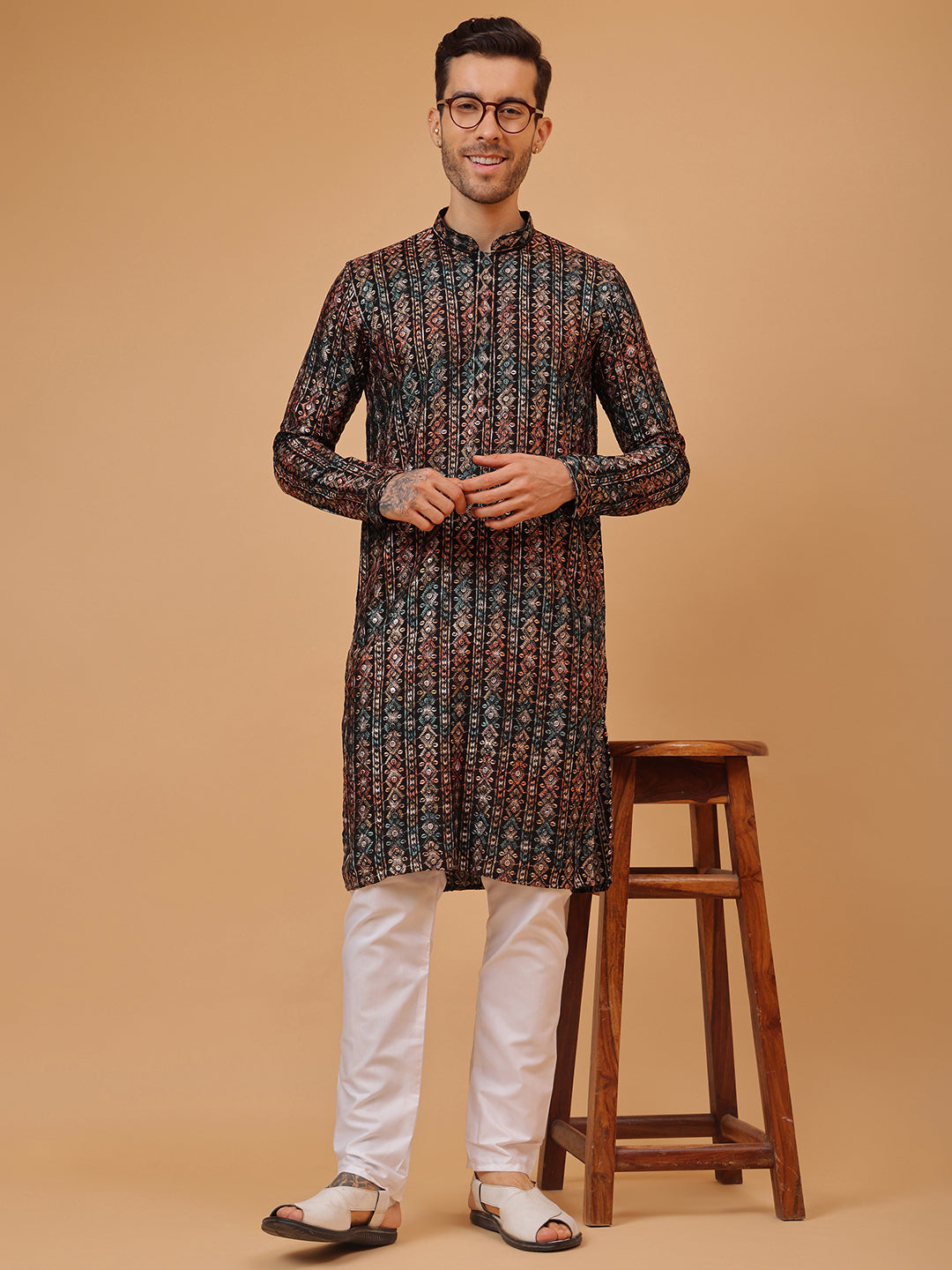 Black Stripes Cotton Multi Print Mandarin Collar Embroidery Designer Regular Fit Kurta