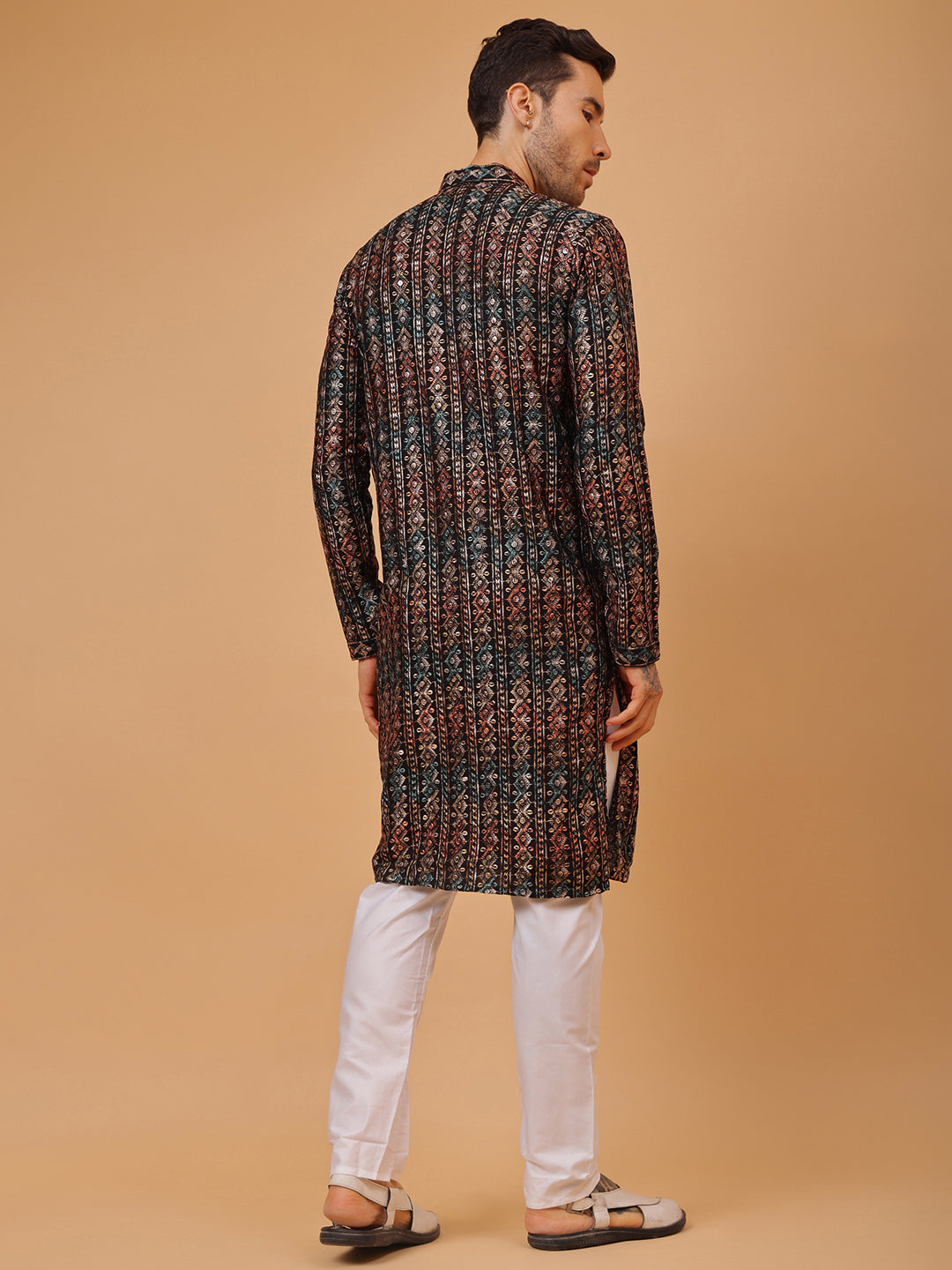 Black Stripes Cotton Multi Print Mandarin Collar Embroidery Designer Regular Fit Kurta