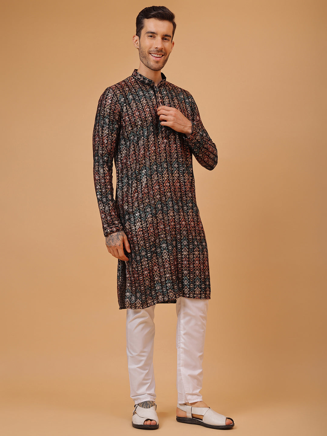 Black Stripes Cotton Multi Print Mandarin Collar Embroidery Designer Regular Fit Kurta