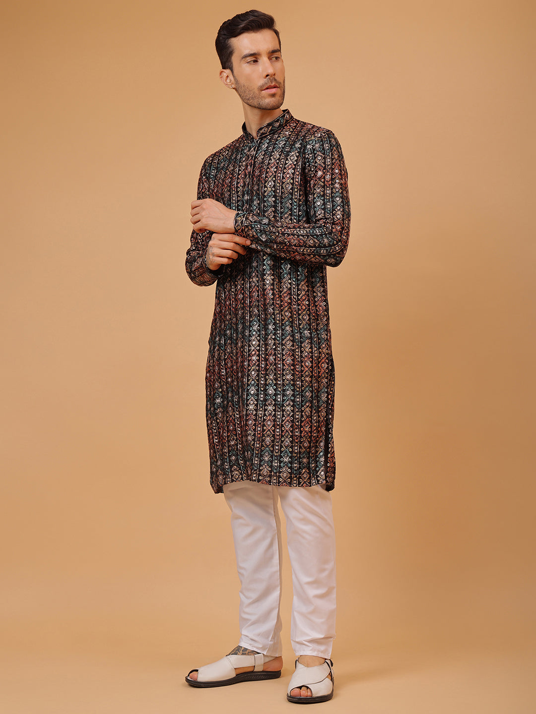 Black Stripes Cotton Multi Print Mandarin Collar Embroidery Designer Regular Fit Kurta