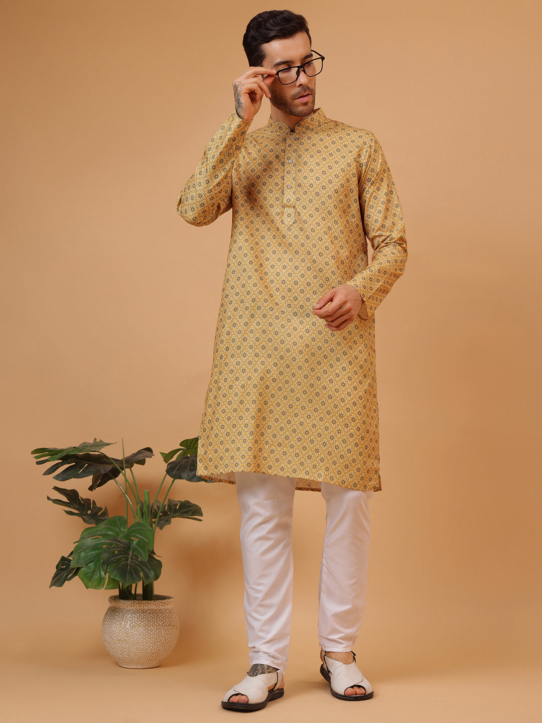 Rich Mustard Cotton Digital Print Mandarin Collar Regular Fit Kurta