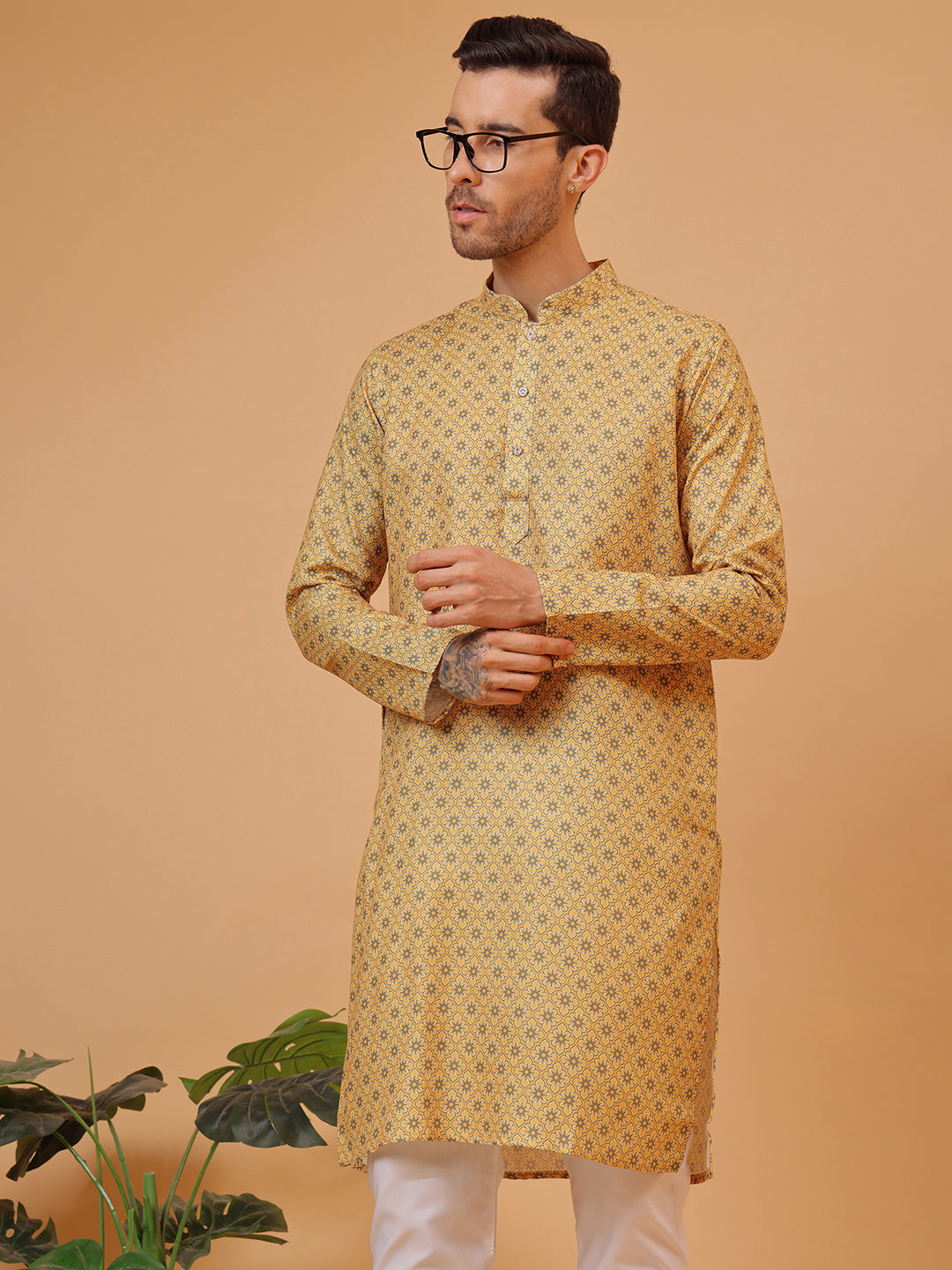 Rich Mustard Cotton Digital Print Mandarin Collar Regular Fit Kurta
