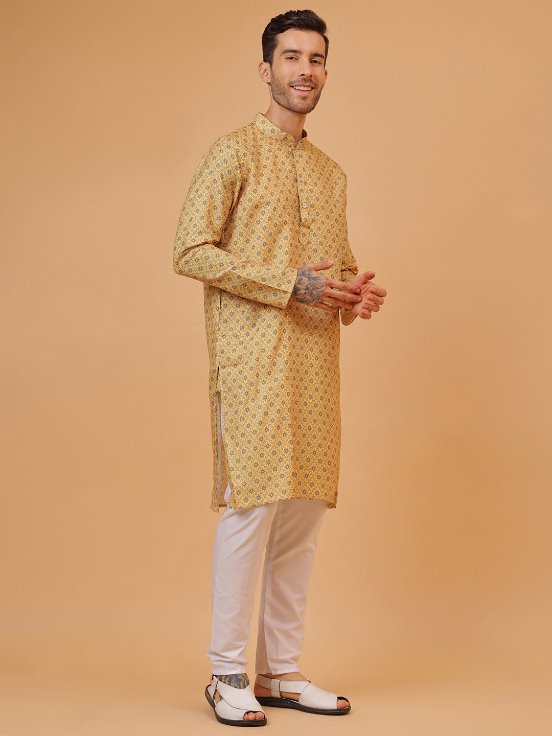 Rich Mustard Cotton Digital Print Mandarin Collar Regular Fit Kurta