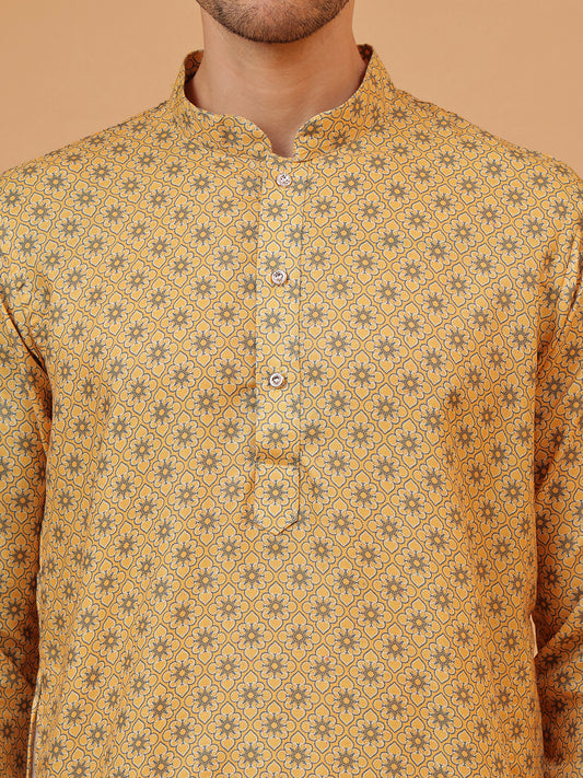 Rich Mustard Cotton Digital Print Mandarin Collar Regular Fit Kurta
