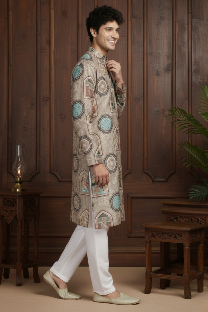 Cultural Brown Cotton Digital Print Mandarin Collar Regular Fit Kurta