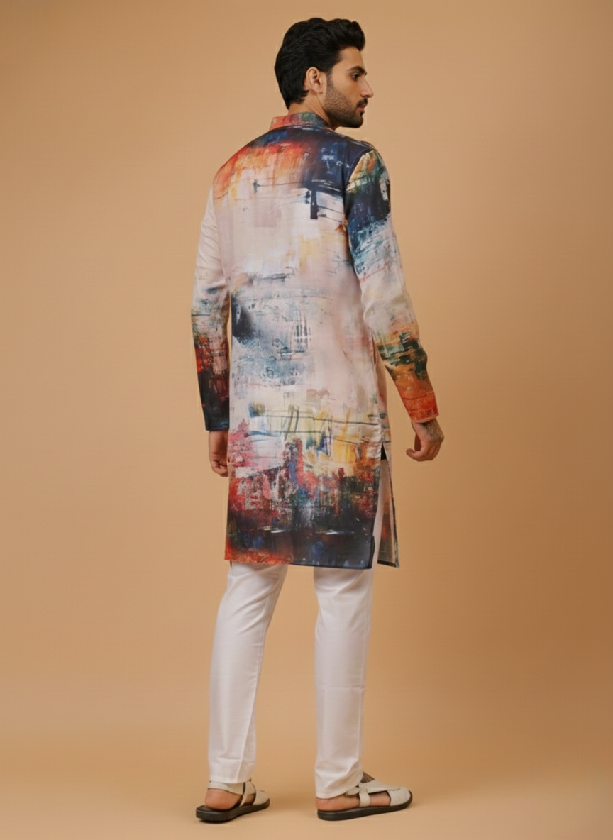 Artistic Red Mandarin Collar Regular Fit Kurta