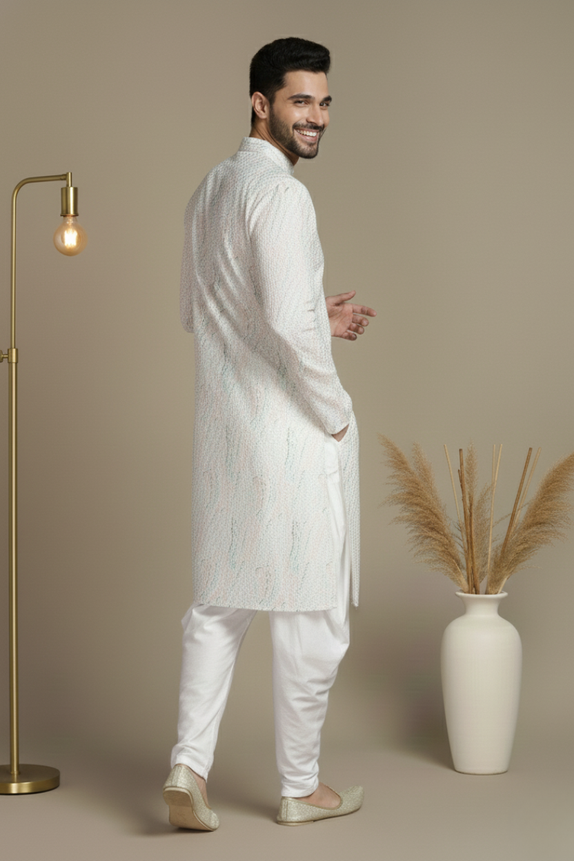 Allover Embroidery White Cotton Block Print Mandarin Collar Regular Fit Kurta