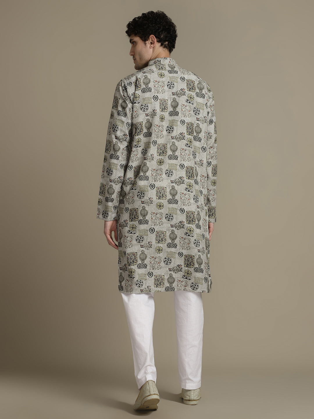 Linen Blend Grey Floral Print Mandarin Collar Regular fit Kurta
