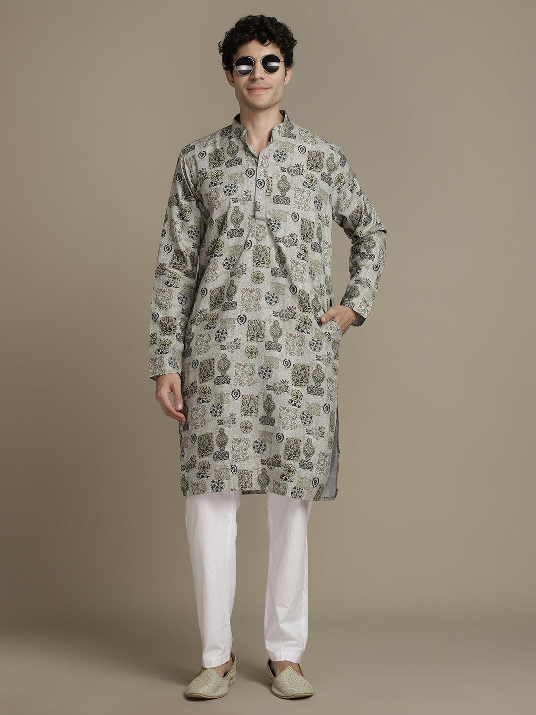 Linen Blend Grey Floral Print Mandarin Collar Regular fit Kurta