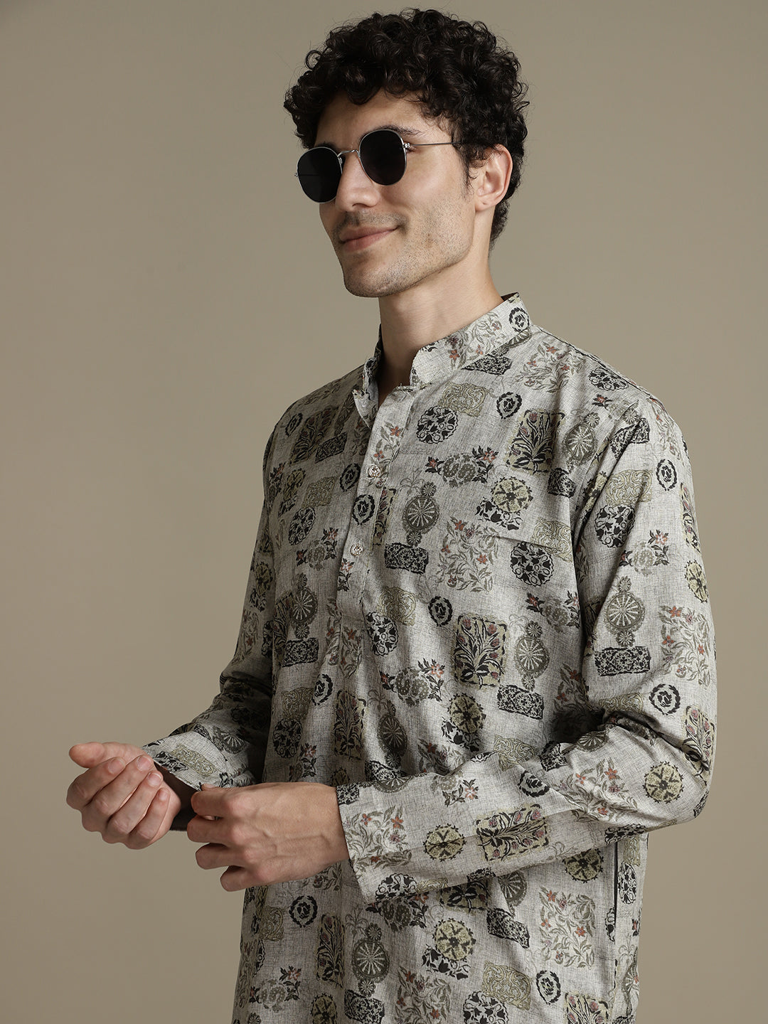 Linen Blend Grey Floral Print Mandarin Collar Regular fit Kurta