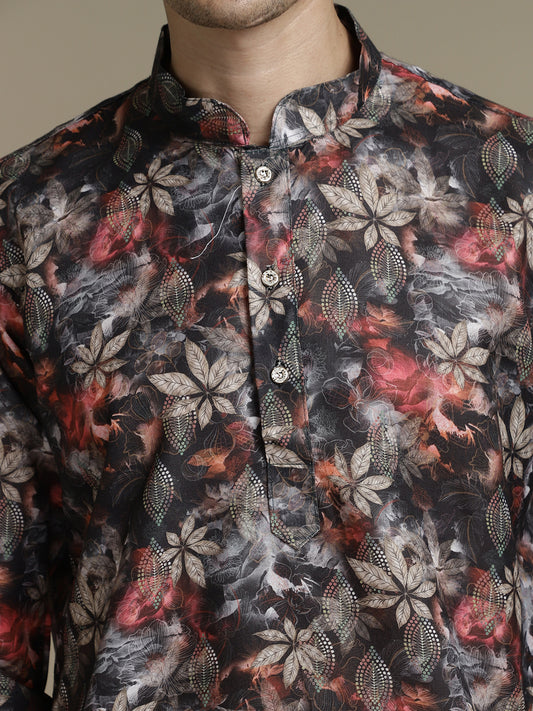 Black Leafy Cotton Digital Print Mandarin Collar Regular Fit Kurta