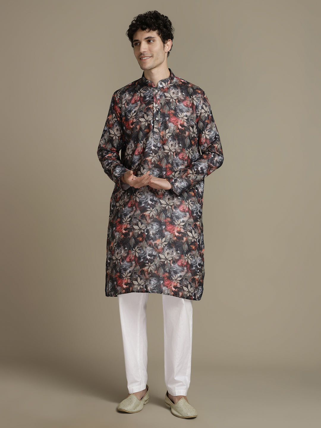 Black Leafy Cotton Digital Print Mandarin Collar Regular Fit Kurta