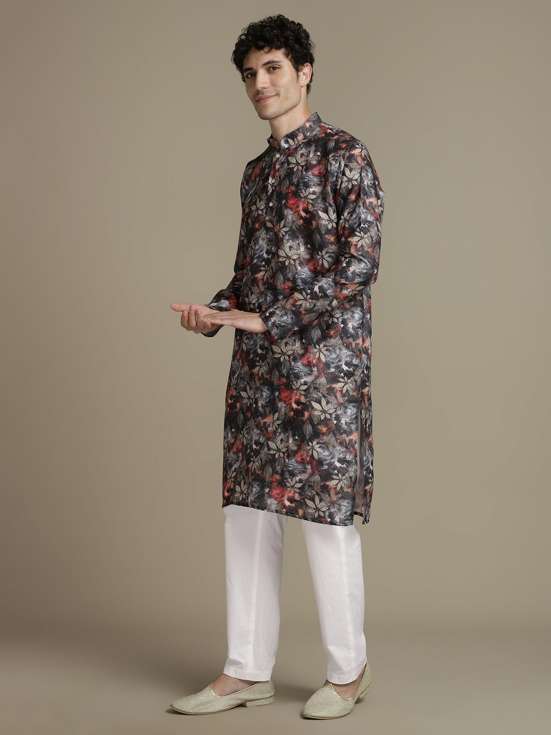 Black Leafy Cotton Digital Print Mandarin Collar Regular Fit Kurta