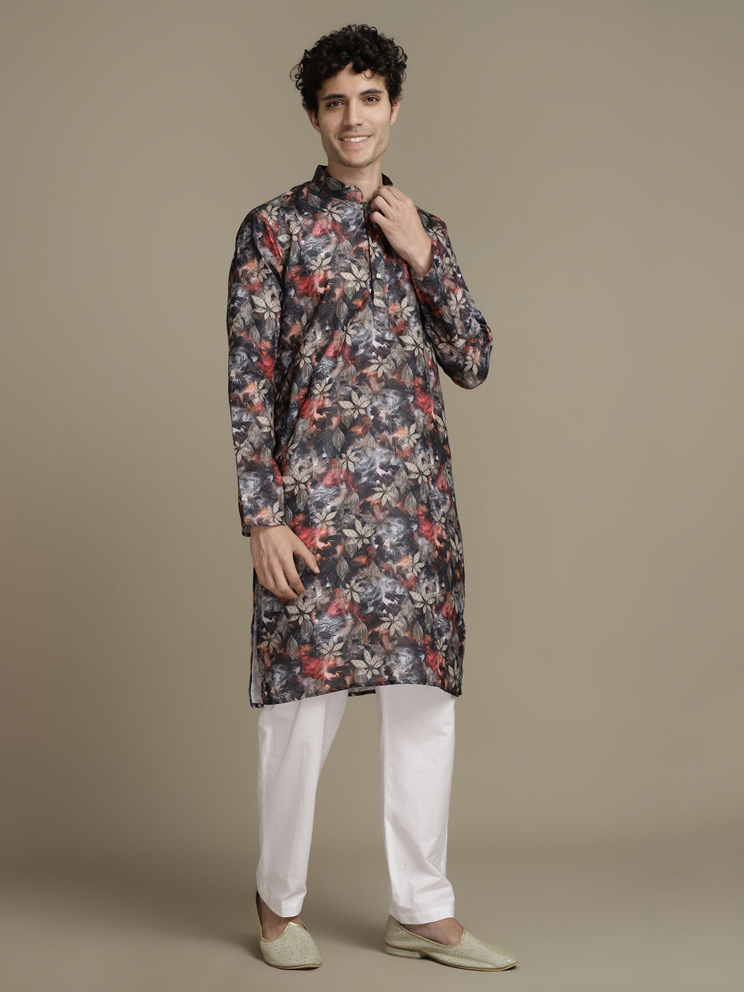 Black Leafy Cotton Digital Print Mandarin Collar Regular Fit Kurta