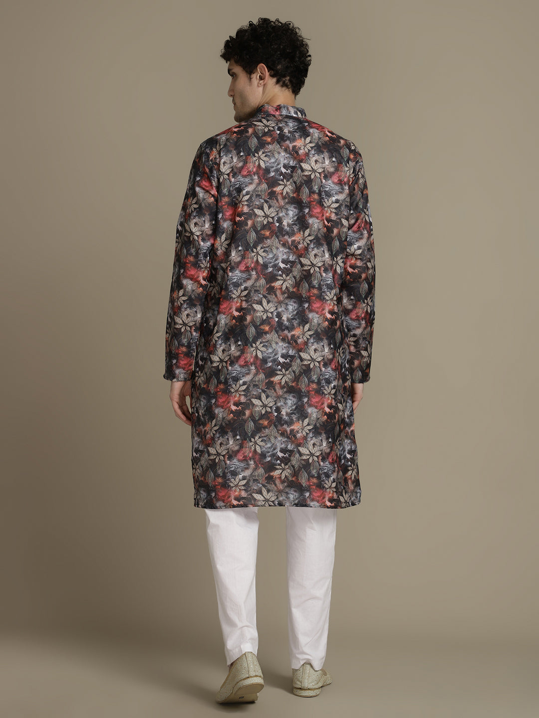 Black Leafy Cotton Digital Print Mandarin Collar Regular Fit Kurta