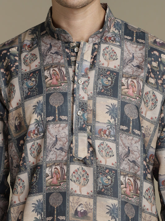 Heritage Offwhite seagreen Box Print Mandarin Collar Regular Fit Kurta