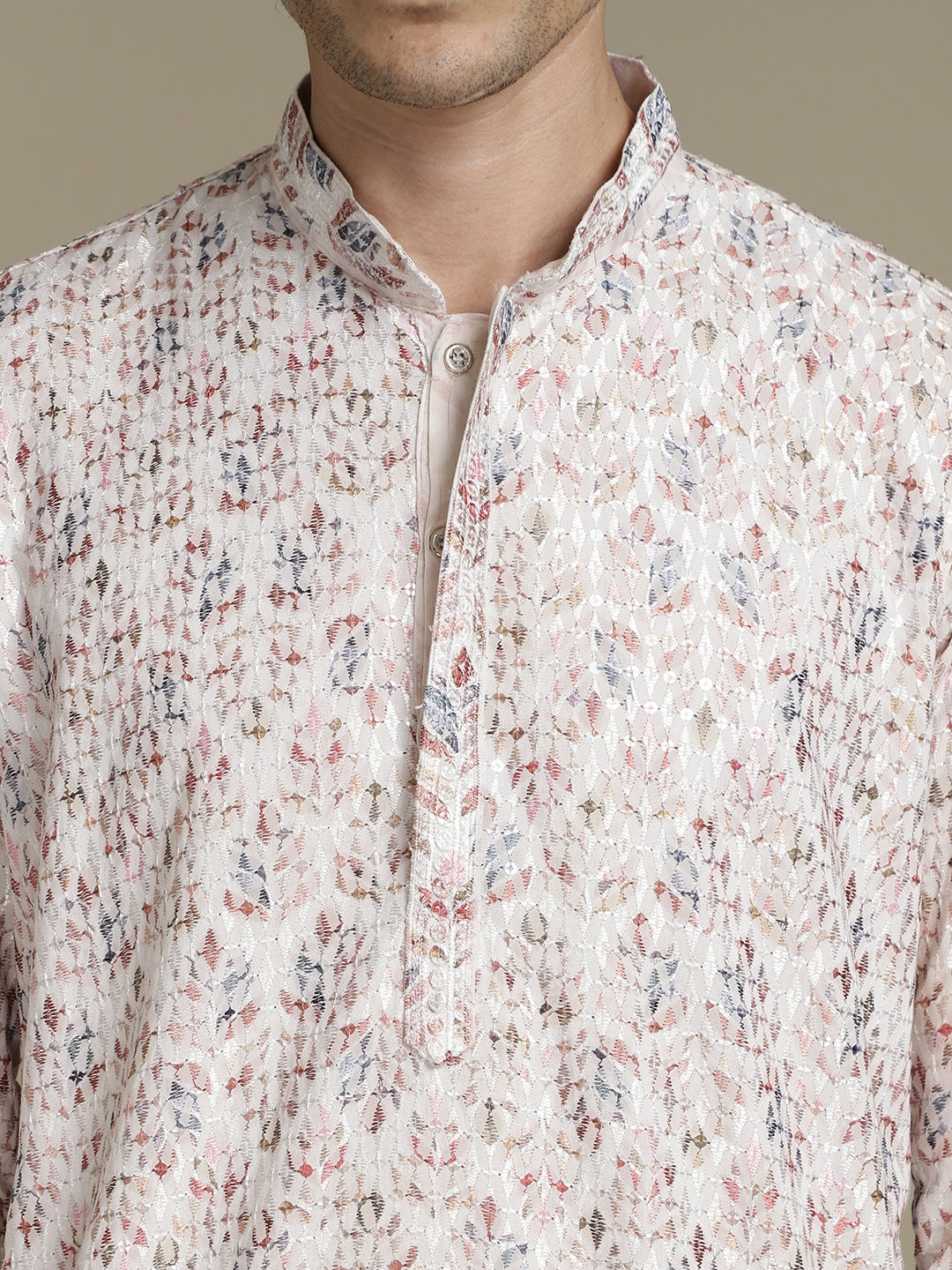 Elegant Embroidery White Cotton Block Print Mandarin Collar Regular Fit Kurta