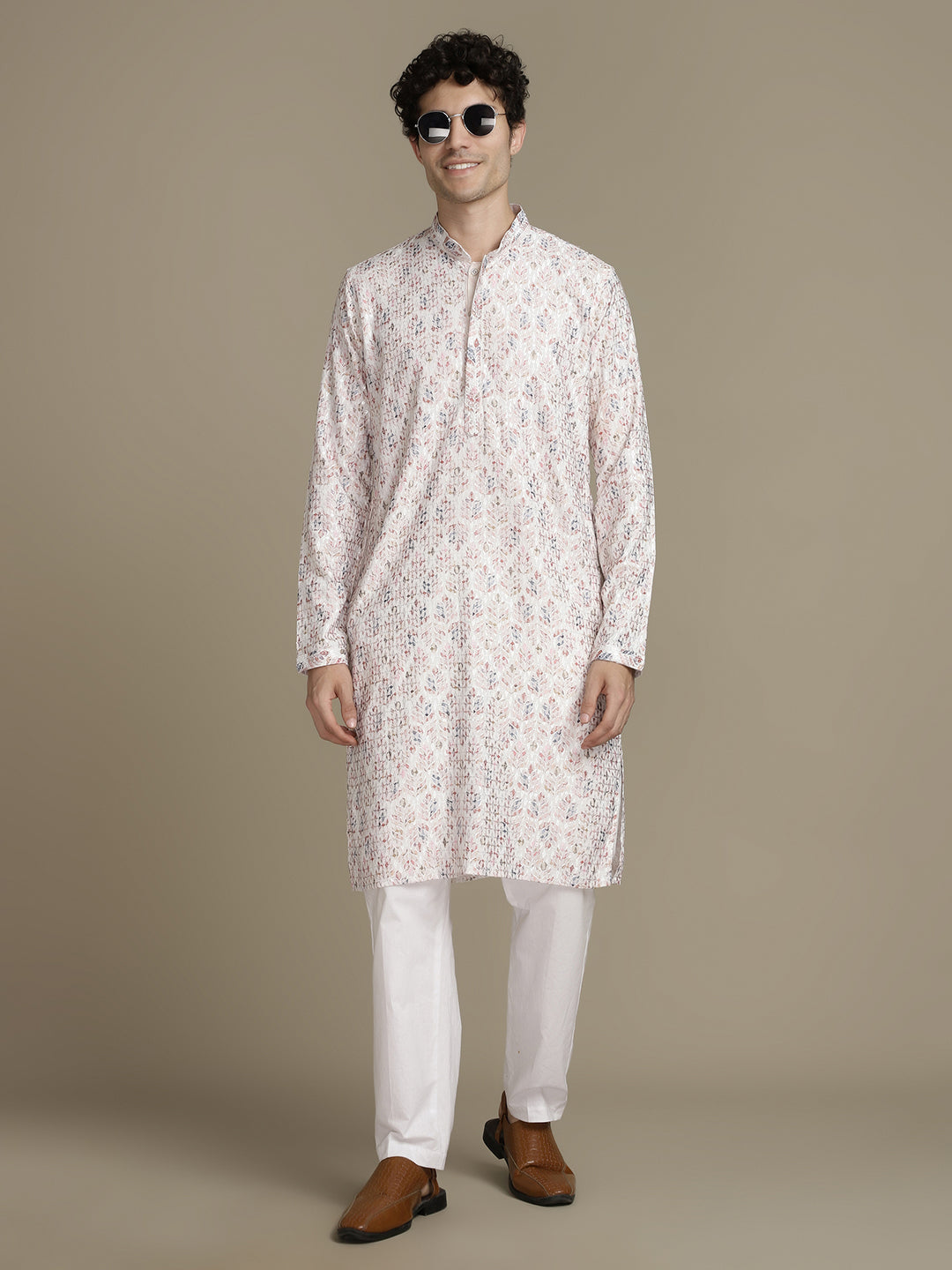 Elegant Embroidery White Cotton Block Print Mandarin Collar Regular Fit Kurta