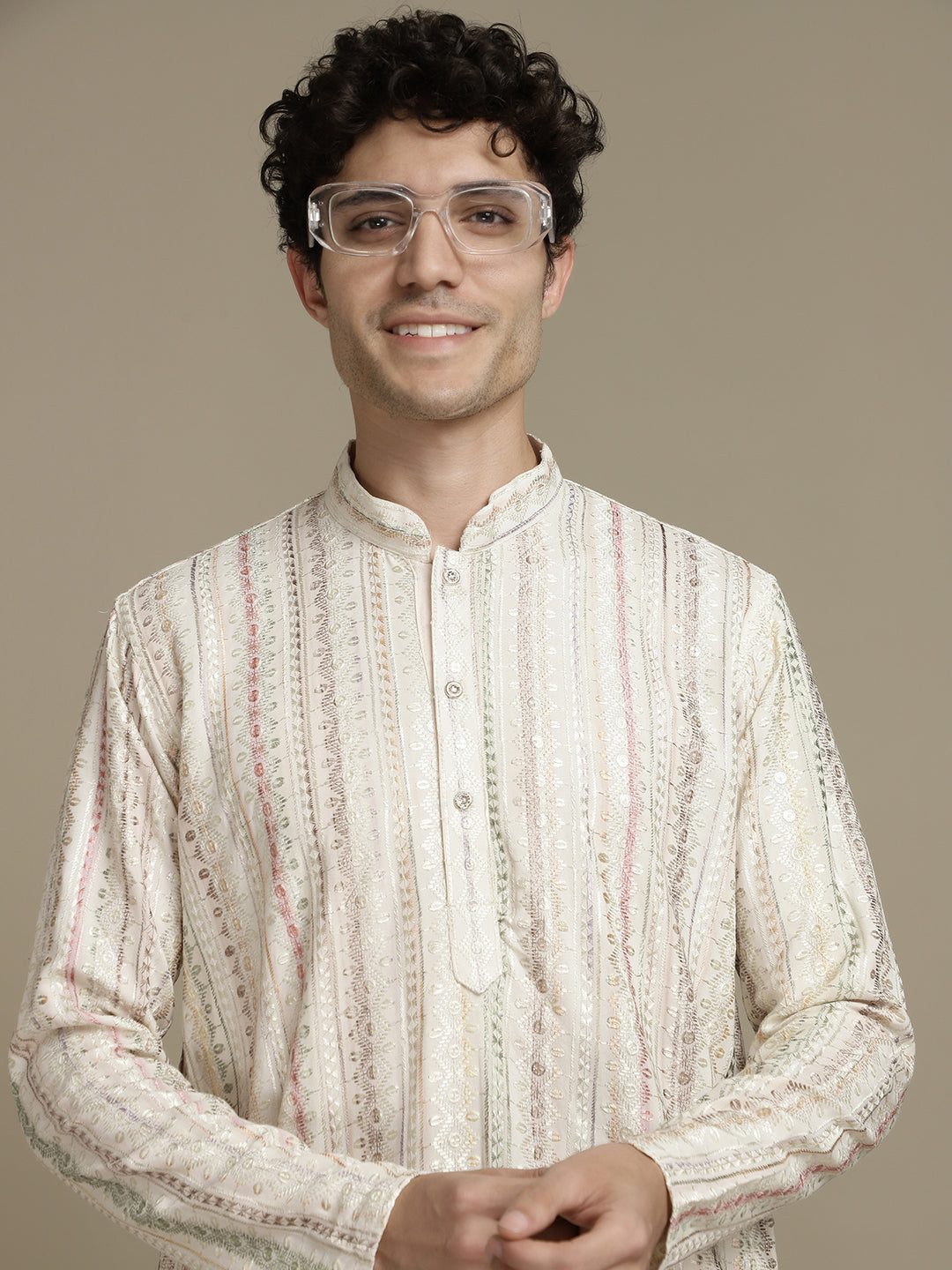 Rich Beige Cotton Block Print Mandarin Collar Regular Fit Embroidery designer Kurta