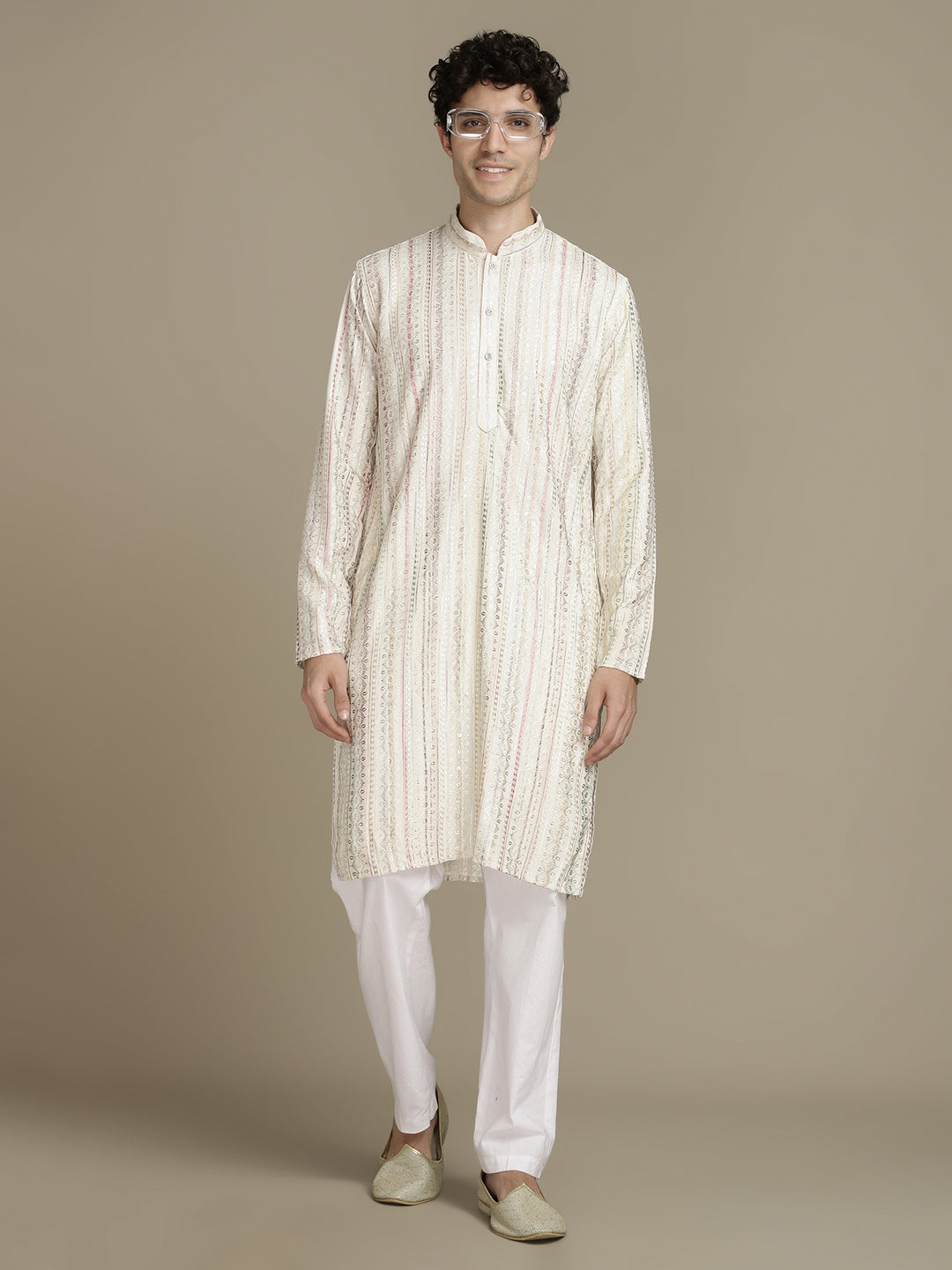 Rich Beige Cotton Block Print Mandarin Collar Regular Fit Embroidery designer Kurta