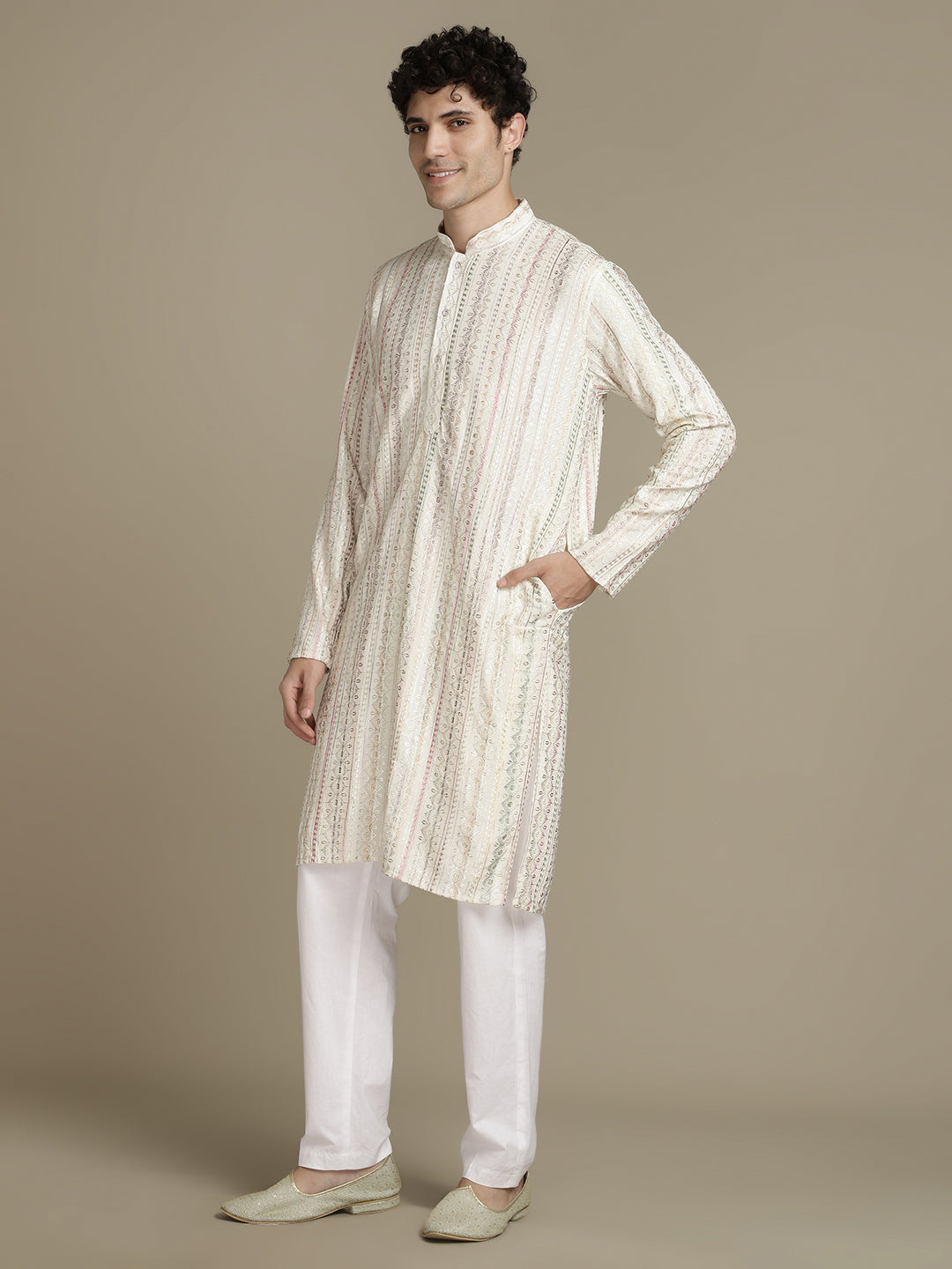 Rich Beige Cotton Block Print Mandarin Collar Regular Fit Embroidery designer Kurta