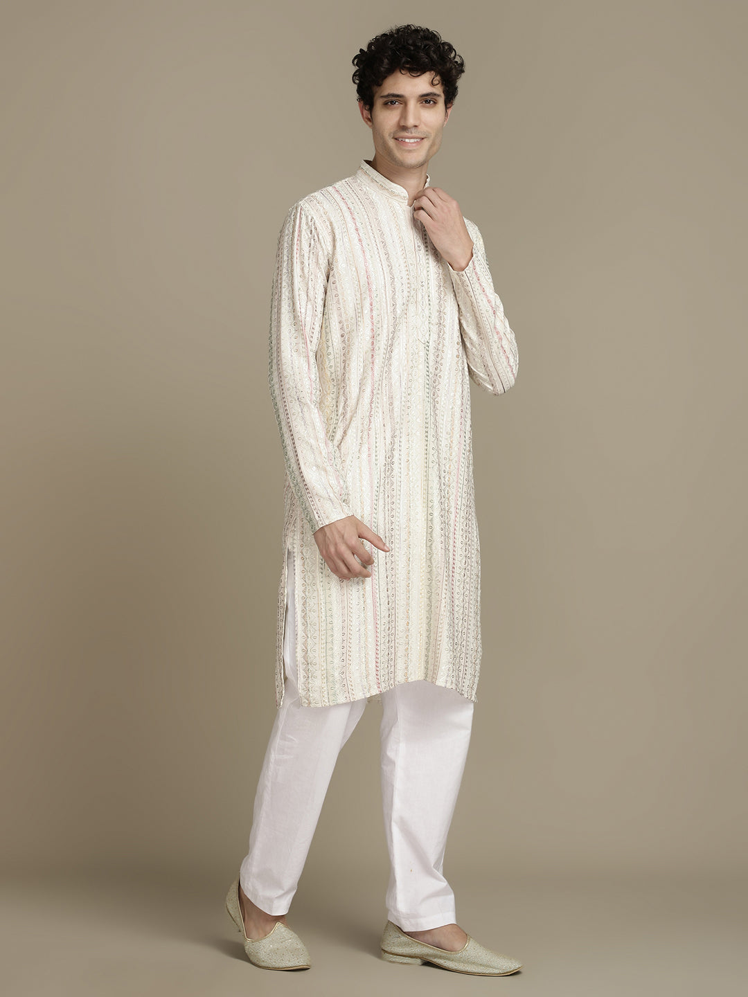 Rich Beige Cotton Block Print Mandarin Collar Regular Fit Embroidery designer Kurta