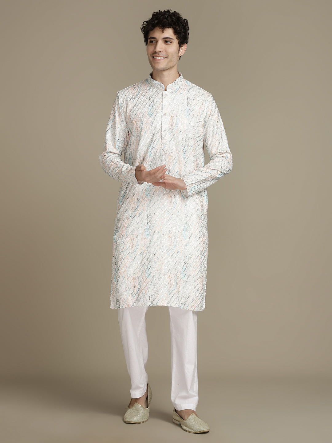 Rich Beige Cotton Block Print Mandarin Collar Regular Fit Embroidery designer Kurta