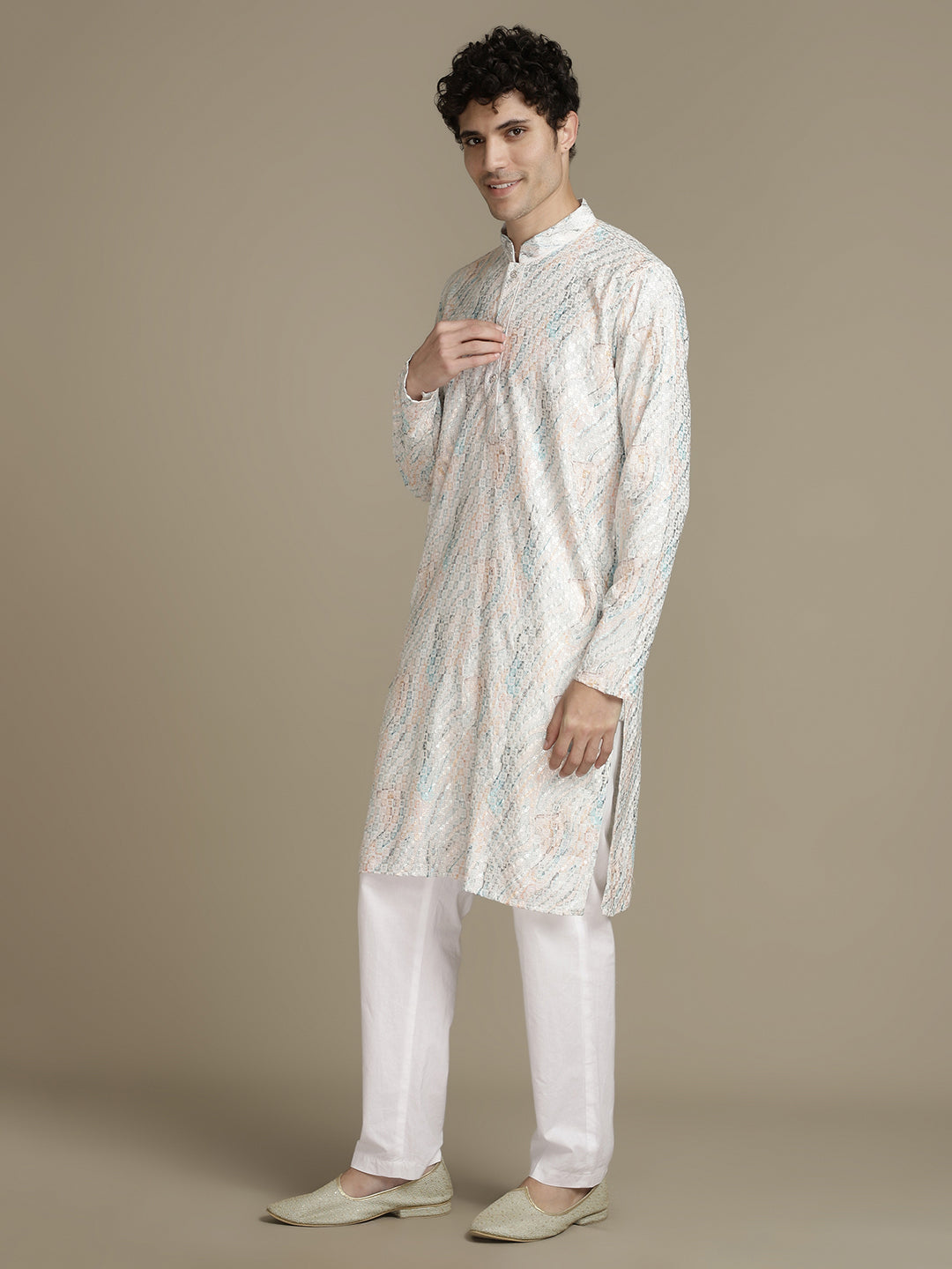 Rich Beige Cotton Block Print Mandarin Collar Regular Fit Embroidery designer Kurta