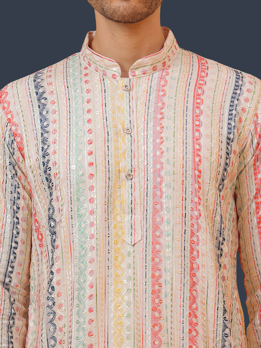 Offwhite Striped Sequin Embroidery Mandarin Collar Regular Fit Kurta