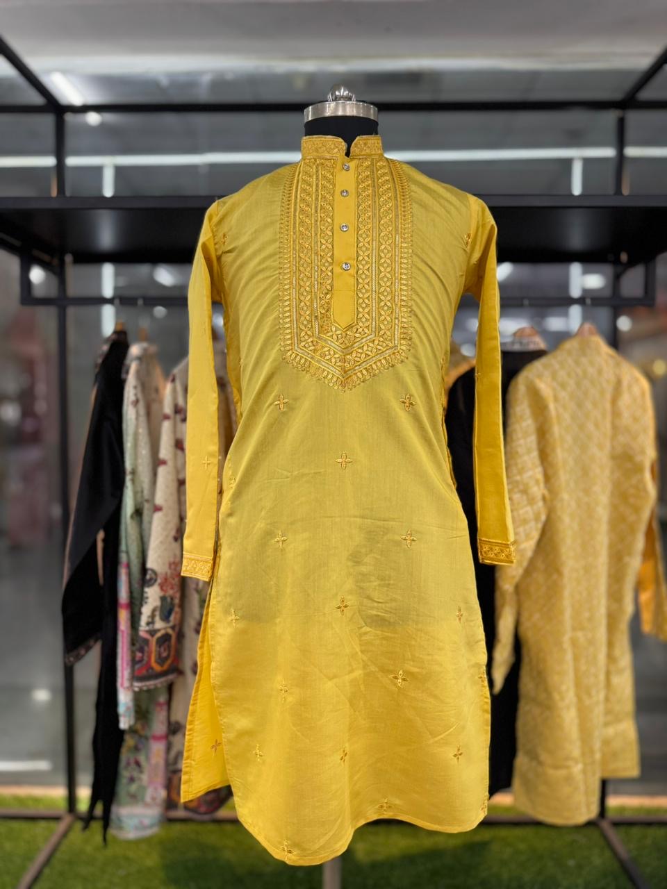 Golden Glow Neck work Sequin Embroidery Mandarin Collar Regular Fit Kurta