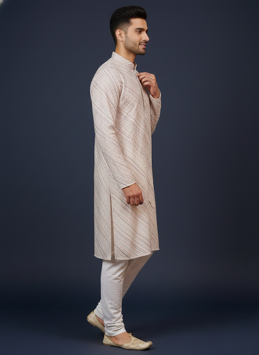 Embroidery White cotton Slant Block Print Mandarin Collar Regular Fit Kurta
