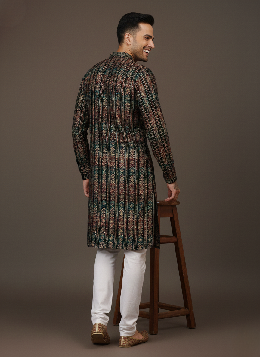 Black Stripes Cotton Multi Print Mandarin Collar Embroidery Designer Regular Fit Kurta