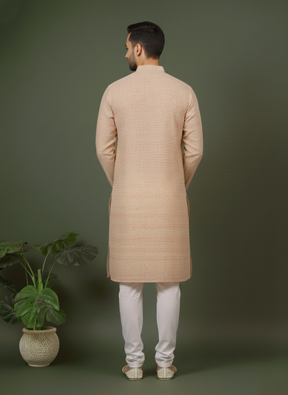 Diamond White Cotton Multi Color Block Print Mandarin Collar Regular Fit Kurta