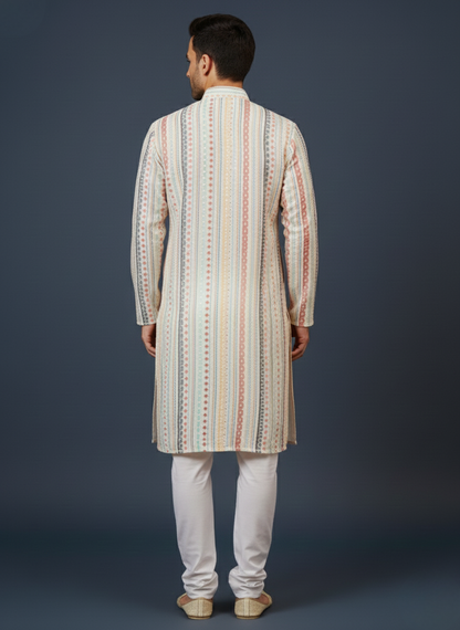 Offwhite Striped Sequin Embroidery Mandarin Collar Regular Fit Kurta