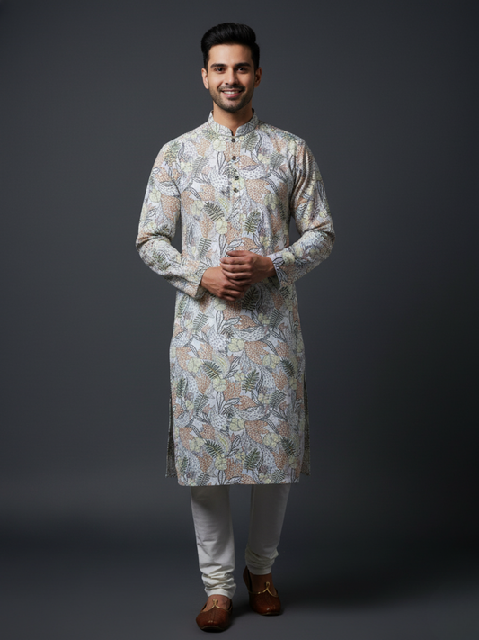 Floral mint green Cotton Block Print Embroidery Mandarin Collar Regular Fit Kurta
