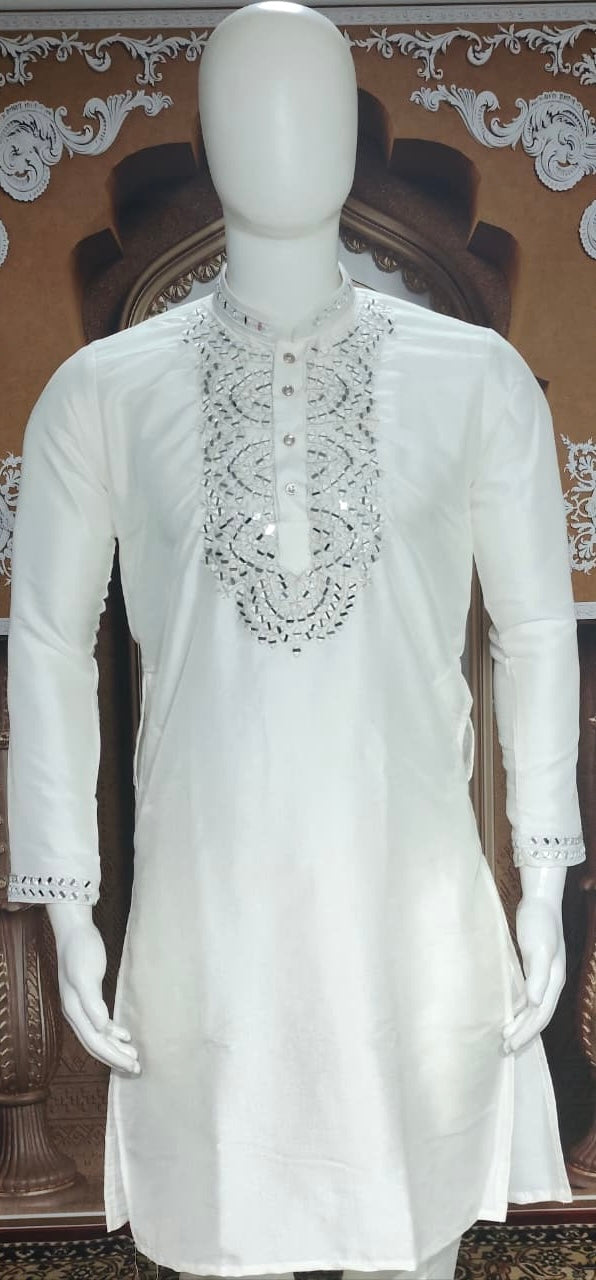 Pristine White Silk Kurta with Intricate Real Mirror Work