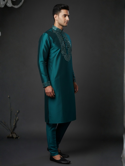 Teal Blue Silk Kurta Real Mirror work