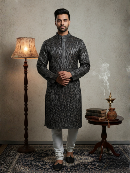 Charcoal Traditional Sequience Embroidery Regular fit Kurta