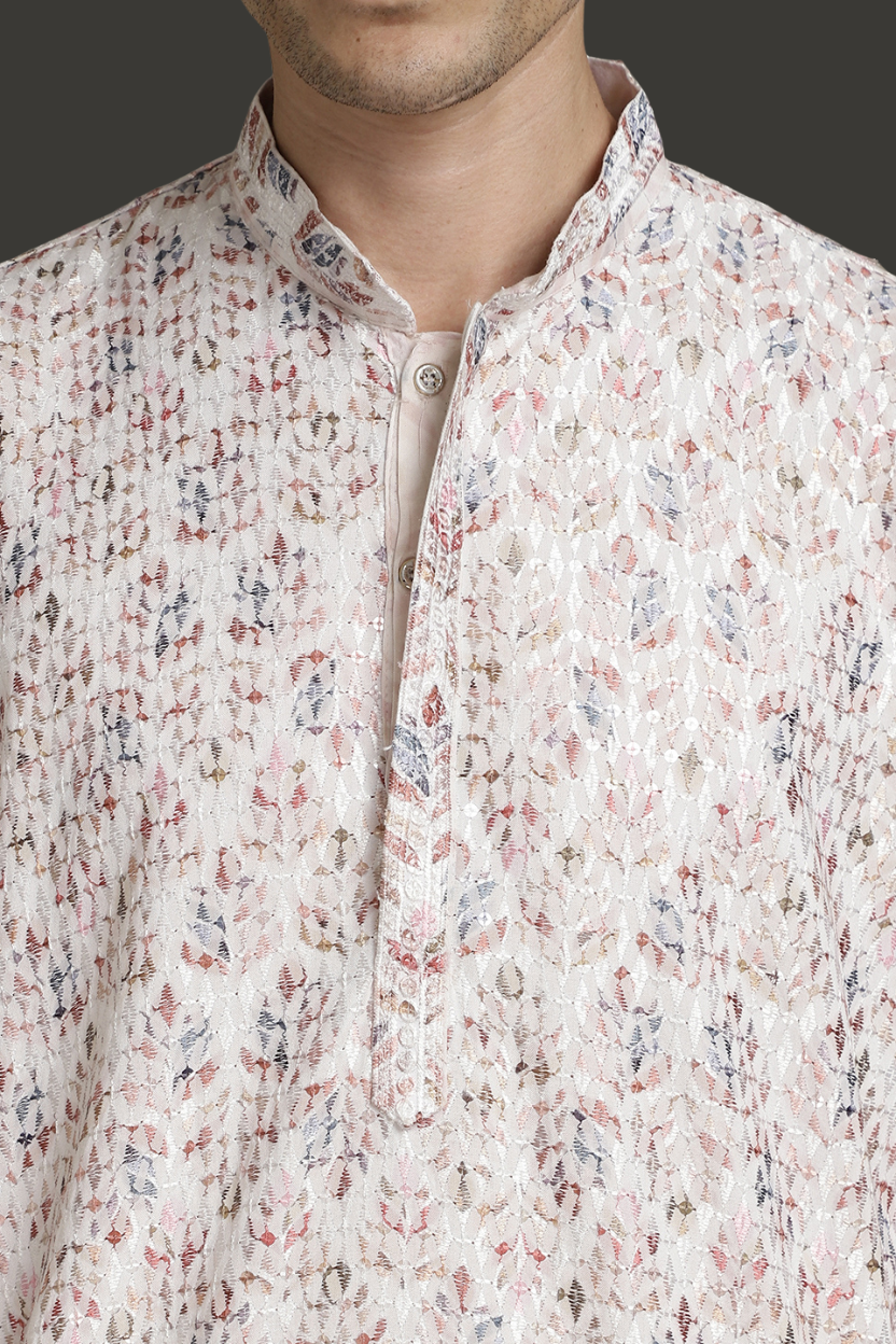 Elegant Embroidery White Cotton Block Print  Mandarin Collar Regular Fit Kurta