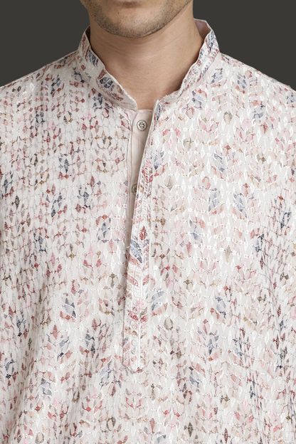 Elegant Embroidery White Cotton Block Print  Mandarin Collar Regular Fit Kurta