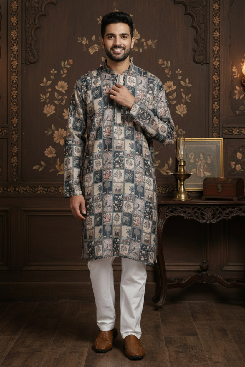 Heritage Offwhite seagreen Box Print Mandarin Collar Regular Fit Kurta