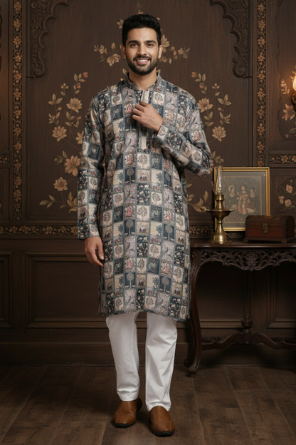 Heritage Offwhite seagreen Box Print Mandarin Collar Regular Fit Kurta