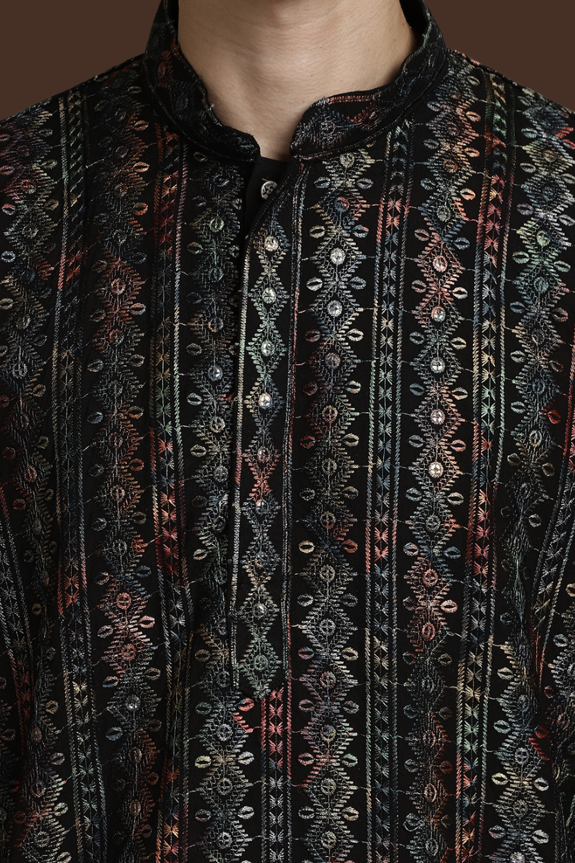 Black Stripes Cotton Block Print Mandarin Collar Embroidery designer Regular Fit Kurta